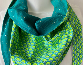 Petite chèche fille  foulard femme  vert jaune duo  doublée en double  gaze verte points or