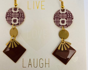 Boucles d'oreilles pendentifs  marron et or japonisantes