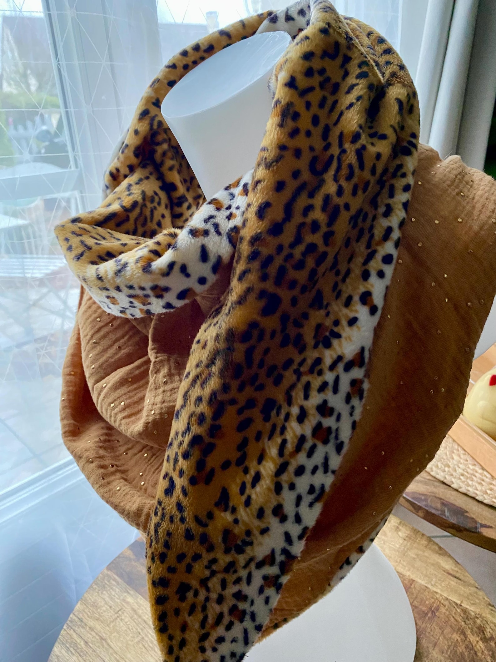 Chèche foulard fourrure léopard double gaze