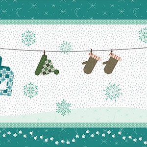 May include: A blue and white patterned sweater, a green and white patterned hat, a pair of brown mittens, and a green and white striped scarf are hanging on a clothesline against a white background with snowflakes.