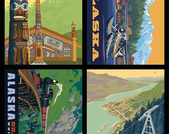 May include: A set of four vintage-style travel posters featuring scenes from Alaska. The posters feature a totem pole in Ketchikan, a seaplane in Sitka, a train in Skagway, and a cable car in Mount Roberts.