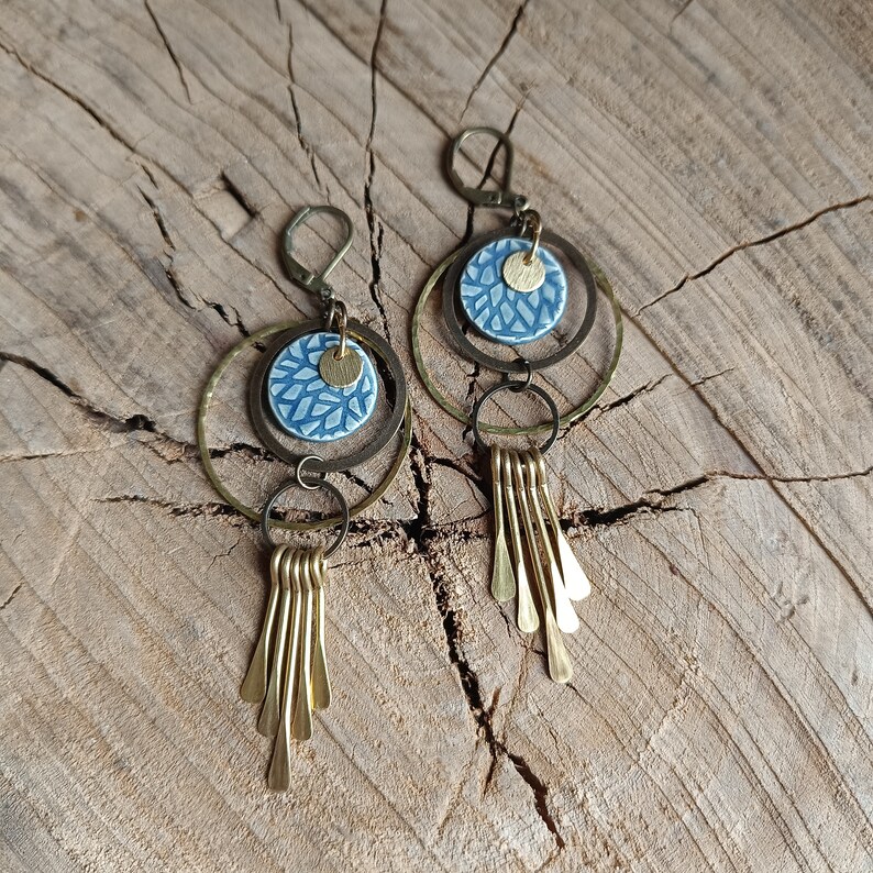 Boucles d'oreilles rondes et pendantes avec perles en céramique Bleu jeans