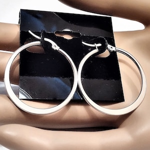 1 1/4&quot; Wide Bottom Hoop Pierced Post Earrings Silver Tone Graduated Band 32mm Hoop 2mm Thick
