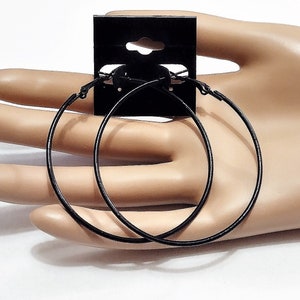 2 1/4&quot; Black Pierced Hoop Thin Earrings Large Round