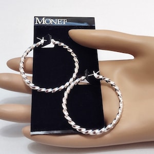 1 5/8&quot; Monet Swirl Band Hoop Pierced Post Stud Earrings Silver Tone Vintage Large Round Twisted Rings