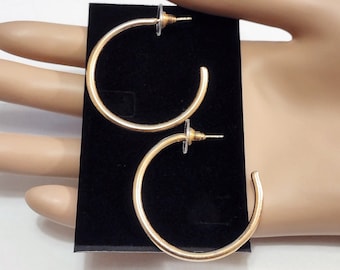 1 1/2" Gold Plated Hoop Pierced Post Earrings Vintage Large Open End Round Thin Ring Dangles
