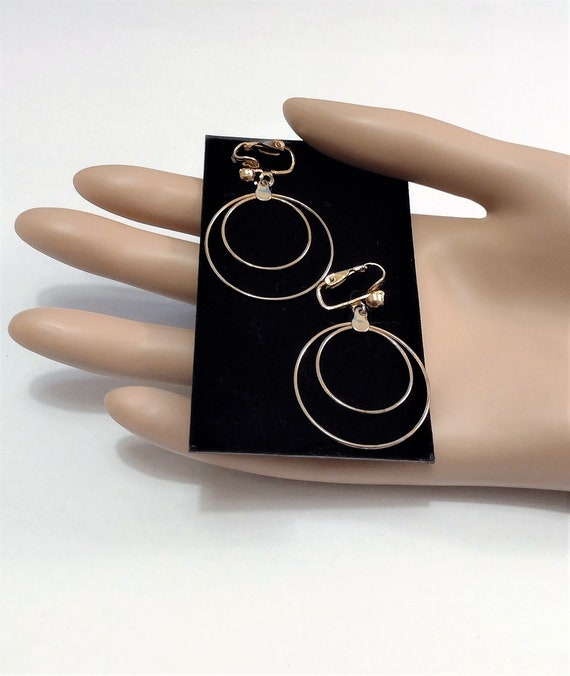 1 5/8" Double Hoop Clip On Earrings Vintage Gold … - image 9