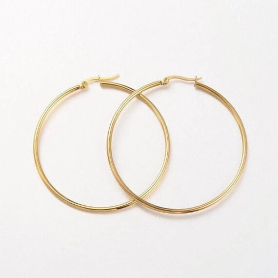 2" Thin Tube Hoop Pierced Post Stud Earrings Gold… - image 9