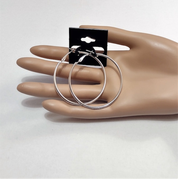 1 1/2" Thin Ring Silver Tone Hoops Pierced Post S… - image 10