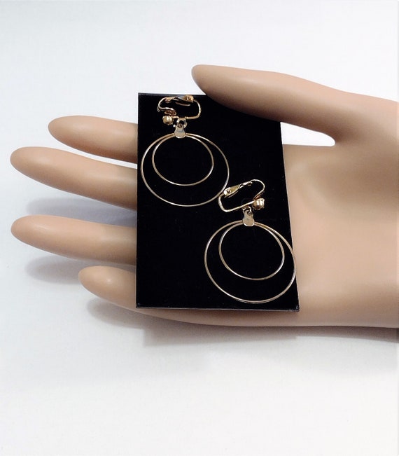 1 5/8" Double Hoop Clip On Earrings Vintage Gold … - image 10