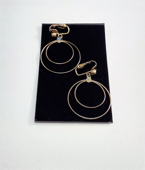 1 5/8" Double Hoop Clip On Earrings Vintage Gold … - image 3
