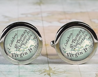 St Thomas map cufflinks, US Virgin Islands map cuff links Charlotte Amalie map wedding or anniversary gift groomsmen gift Father's Day gift