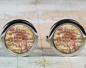 Kilimanjaro cufflinks, Mount Kilimanjaro Mt Kilimanjaro map cufflinks, gift for mountain climber Father's Day gift for Dad travel gift