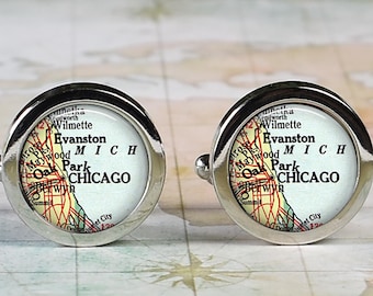 Chicago Illinois cuff links, Chicago map cufflinks wedding gift anniversary gift for groom groomsmen gift for best man Father's Day gift
