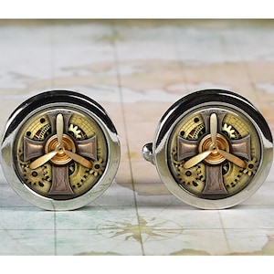 Steampunk Aviator cufflinks, airplane propeller artwork aeronautical cuff links gift for pilot or airman Father's Day groomsmen gift C07