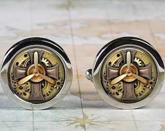 Steampunk Aviator cufflinks, airplane propeller artwork aeronautical cuff links gift for pilot or airman Father's Day groomsmen gift C07