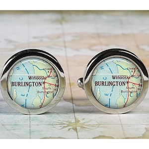 Burlington, Vermont map cufflinks Winoosky VT cufflinks, anniversary or wedding gift for groomsmen hometown gift Father's Day gift