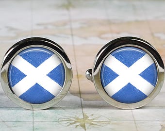Scottish flag cufflinks, Scotland flag cuff links St Andrew's Cross Father's Day wedding or anniversary gift, groom or groomsmen travel gift