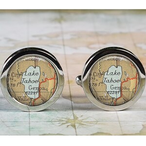 Lake Tahoe map cufflinks, vacation destination map cuff links wedding or anniversary travel gift hiking camping fishing trip