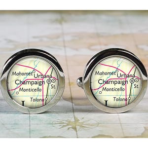 Champaign Illinois cuff links, Urbana IL map cufflinks wedding gift anniversary gift for groom groomsmen gift for best man Father's Day gift
