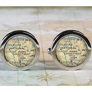 Glacier National Park cufflinks, Glacier National Park map cuff links wedding or anniversary gift for groom or groomsmen hiking camping gift