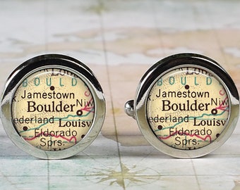Boulder Colorado cuff links, Boulder map cufflinks wedding gift anniversary gift for groom groomsmen gift for best man Father's Day gift