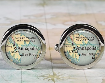 Annapolis cuff links, USNA cuff links Annapolis map cufflinks US Naval Academy graduation gift wedding gift anniversary Father&#39;s Day gift