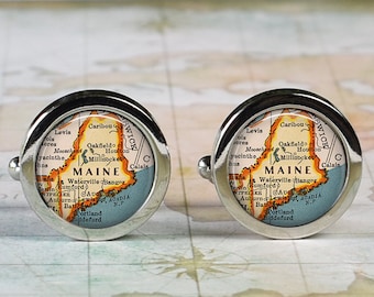 Maine cufflinks, Maine map cufflinks anniversary or wedding gift for groom or groomsmen retirement gift Father's Day gift for Dad