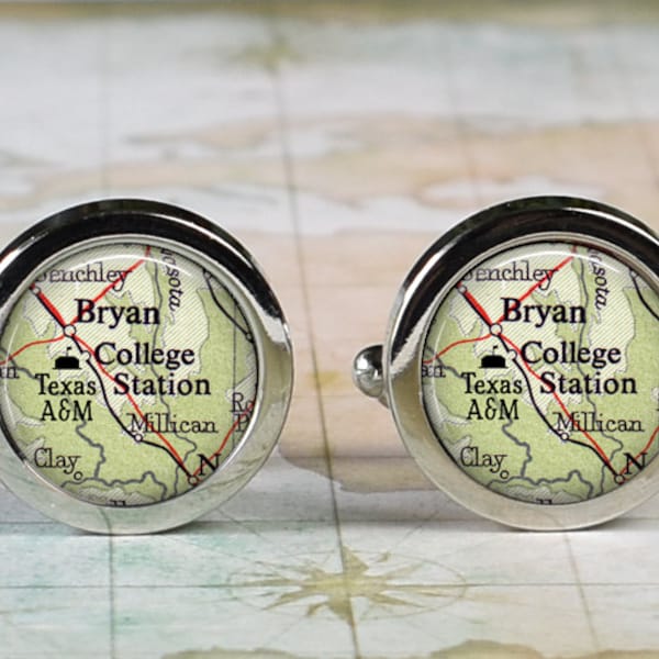 Texas A&M cuff links, Aggie map cufflinks graduation gift student or alumni gift College Station TX map Bryan TX map gift CM33