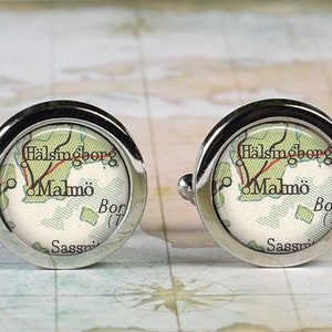 Malmo, Sweden map cufflinks, Halsingborg map cuff links travel gift for men gift for him Father&#39;s Day gift for Dad
