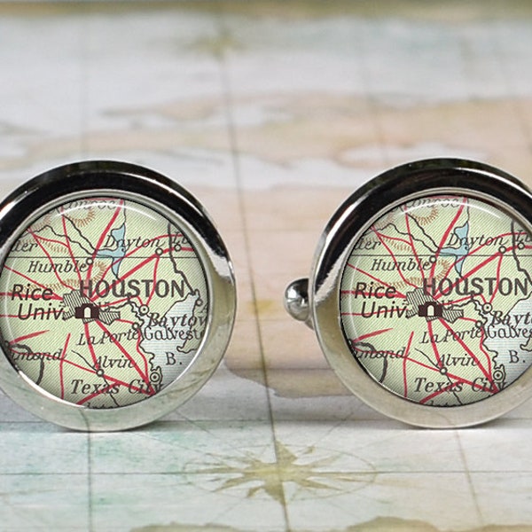 Rice University cufflinks, university map cuff links graduation gift student alumni gift Houston, Texas map cufflinks Father's Day gift