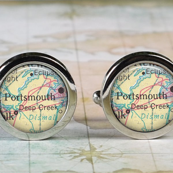 Portsmouth, Virginia cufflinks, Portsmouth VA cufflinks map cufflinks gift for groomsmen wedding anniversary Father's Day gift for Dad