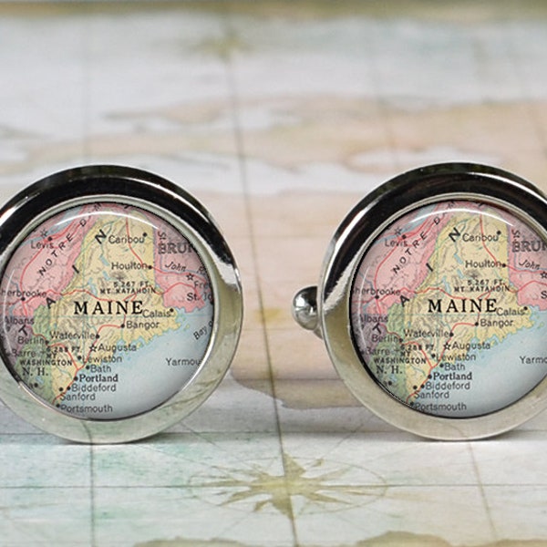 Maine 1954 state map cufflinks, Maine cufflinks anniversary or wedding gift for groom or groomsmen retirement gift Father's Day gift for Dad