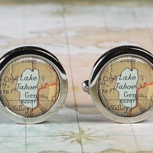 Lake Tahoe map cufflinks, vacation destination map cuff links wedding or anniversary gift for him hiking camping fishing gift