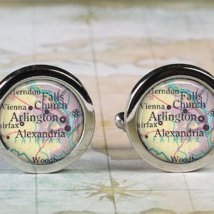 Arlington, Virginia map cufflinks, Alexandria and Falls Church VA cufflinks anniversary or wedding gift for groomsmen Father&#39;s Day gift