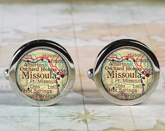 Missoula Montana cufflinks, Missoula MT map cufflinks anniversary gift wedding gift for groomsmen or best man hoometown gift Father's Day