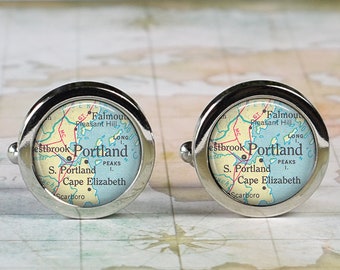Portland, Maine cufflinks, Portland ME map cufflinks anniversary or wedding gift for groomsmen map cuff links Father's Day gift for Dad