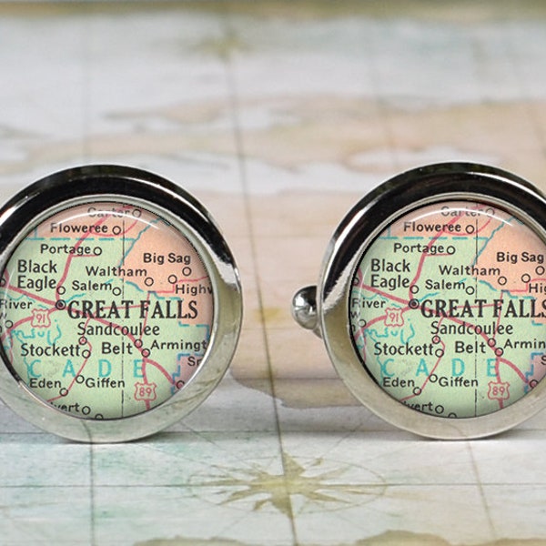 Great Falls Montana cufflinks, Great Falls MT map cufflinks anniversary or wedding gift for groomsmen or best man hometown gift Father's Day