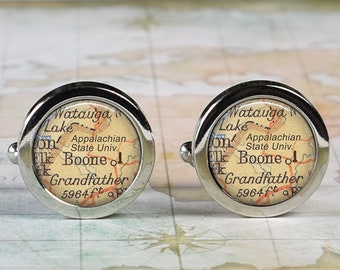 Appalachian State University cufflinks, college cuff links college student map gift App State graduation gift Boone NC map cuff links CM85