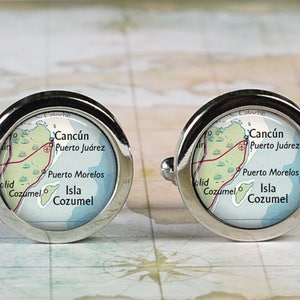 Cancun Mexico cuff links, Cancun map cufflinks wedding gift anniversary gift for groom groomsmen gift for best man Father&#39;s Day gift