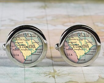South Carolina cufflinks, map cuff links retirement gift wedding or anniversary gift for groomsmen or best man Father's Day gift for Dad
