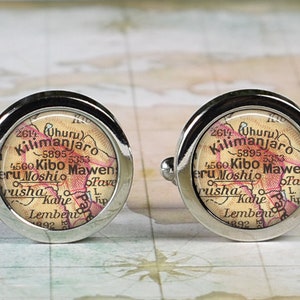 Kilimanjaro cufflinks, Mount Kilimanjaro Mt Kilimanjaro map cufflinks, gift for mountain climber Father&#39;s Day gift for Dad travel gift