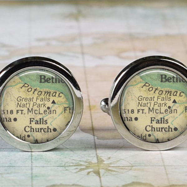 Great Falls National Park cufflinks, Falls Church VA map cuff links McLean Virginia map cuff links gift for groomsmen map gift for Dad