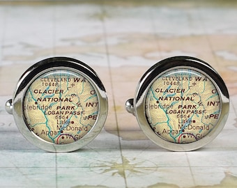 Glacier National Park cufflinks, Glacier National Park map cuff links wedding or anniversary gift for groom or groomsmen hiking camping gift