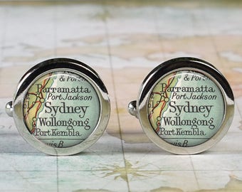 Sydney cufflinks,  Sydney Australia map cufflinks wedding or anniversary gift for groomsmen or best man Father's Day gift travel gift