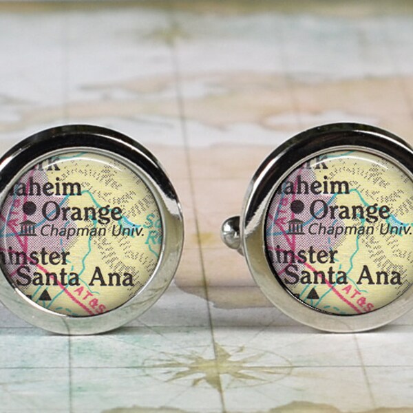 Chapman University cuff links, college cufflinks  alumni, student or graduation gift Orange California map cufflinks Santa Ana CA map