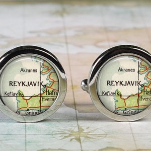 Reykjavik cufflinks,  Reyjavik Iceland map cufflinks anniversary gift wedding gift for groom or groomsmen men&#39;s gift Father&#39;s Day gift