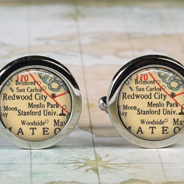 Stanford University cufflinks, Redwood City California map cufflinks graduation gift alumni or student gift college map gift