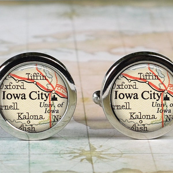 University of Iowa cufflinks, UIO Hawkeye cuff links alumni student graduation gift Iowa City map gift men's gift Father's Day gift for Dad