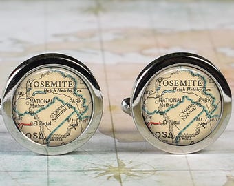 Yosemite cufflinks, Yosemite National Park map cuff links vacation destination map gift hiking camping gift for hiker camper outdoorsman